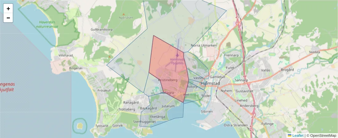 Karta över postnummerområdet  och angränsande postnummer i Sverige