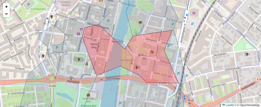 Karta över postnummerområdet  och angränsande postnummer i Sverige