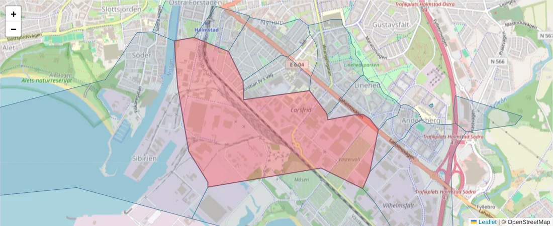 Karta över postnummerområdet  och angränsande postnummer i Sverige
