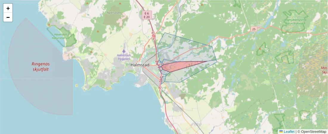 Karta över postnummerområdet  och angränsande postnummer i Sverige
