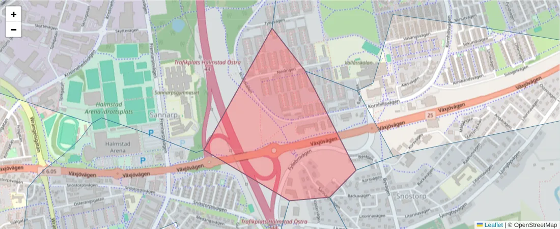 Karta över postnummerområdet  och angränsande postnummer i Sverige