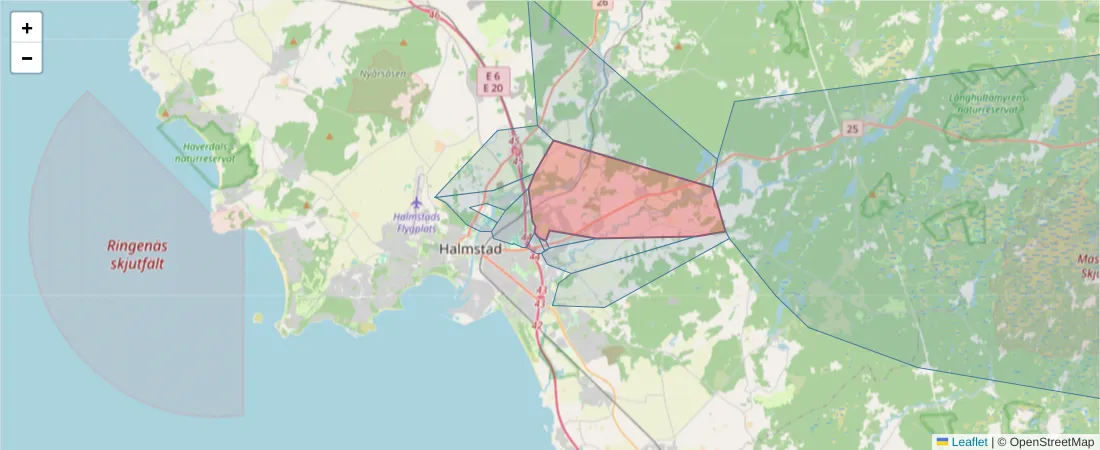 Karta över postnummerområdet  och angränsande postnummer i Sverige