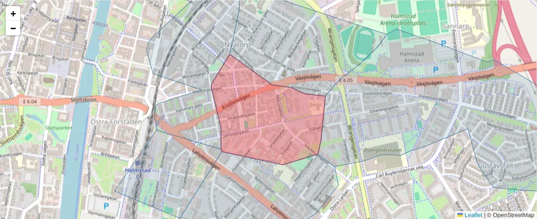 Karta över postnummerområdet  och angränsande postnummer i Sverige