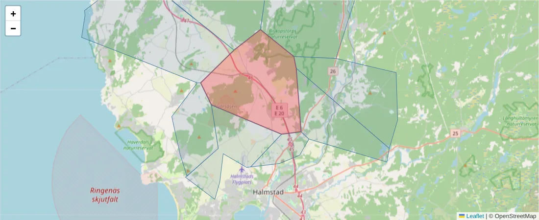 Karta över postnummerområdet  och angränsande postnummer i Sverige