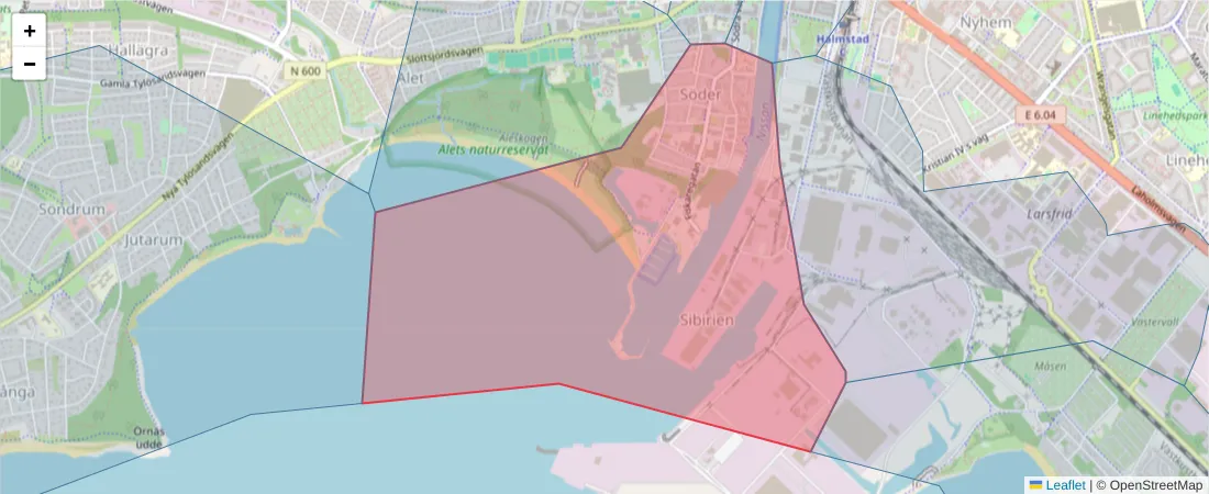Karta över postnummerområdet  och angränsande postnummer i Sverige