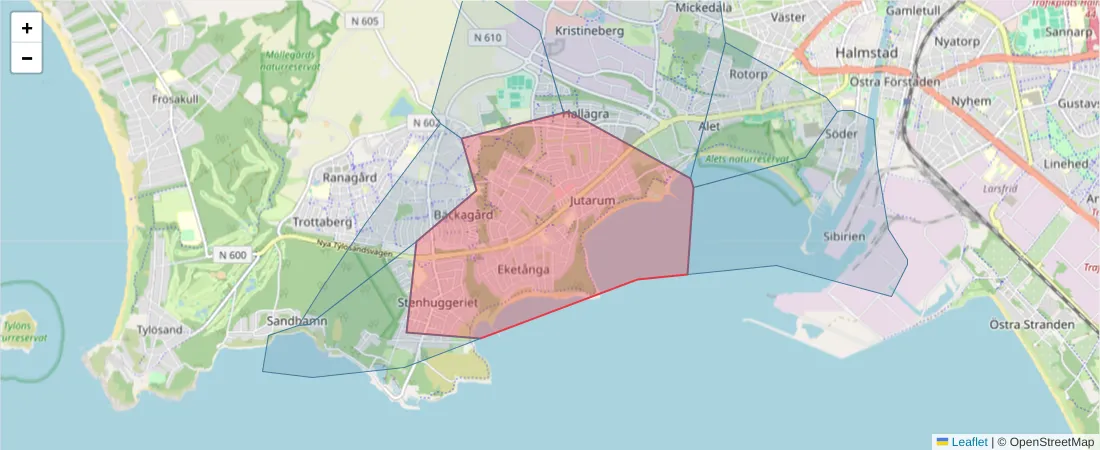 Karta över postnummerområdet  och angränsande postnummer i Sverige