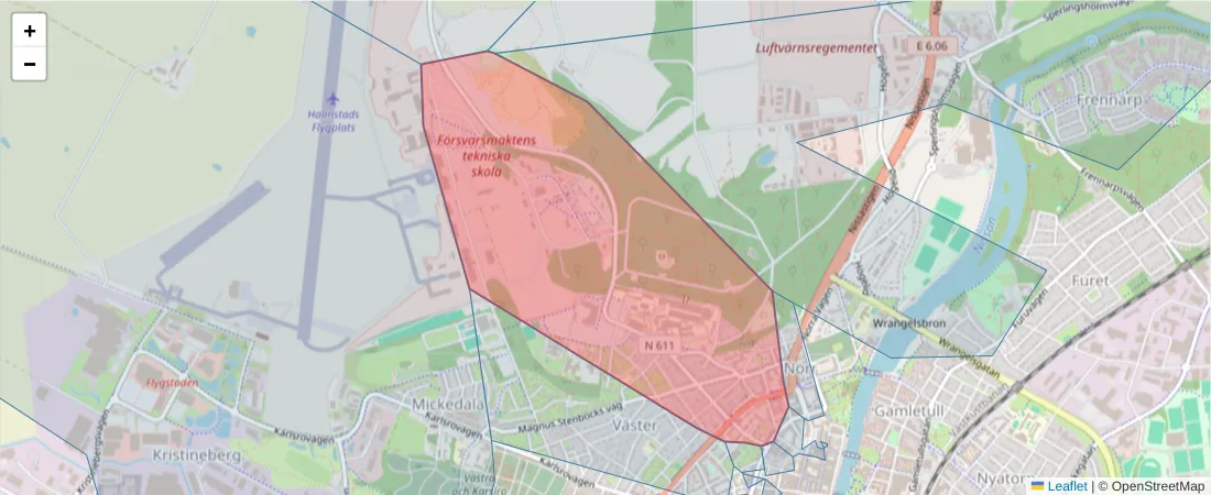 Karta över postnummerområdet  och angränsande postnummer i Sverige