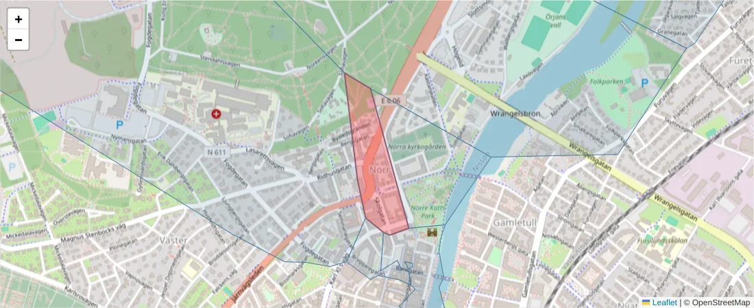 Karta över postnummerområdet  och angränsande postnummer i Sverige