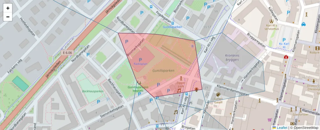 Karta över postnummerområdet  och angränsande postnummer i Sverige