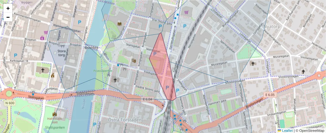 Karta över postnummerområdet  och angränsande postnummer i Sverige
