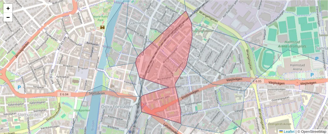 Karta över postnummerområdet  och angränsande postnummer i Sverige
