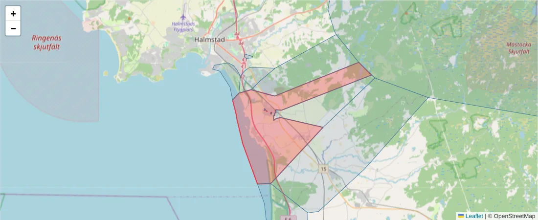Karta över postnummerområdet  och angränsande postnummer i Sverige