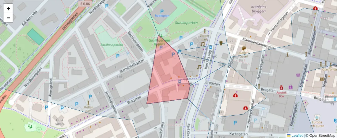 Karta över postnummerområdet  och angränsande postnummer i Sverige