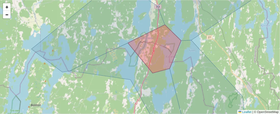 Karta över postnummerområdet  och angränsande postnummer i Sverige