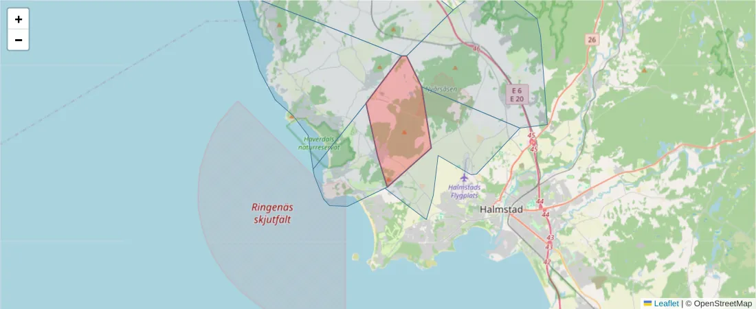 Karta över postnummerområdet  och angränsande postnummer i Sverige
