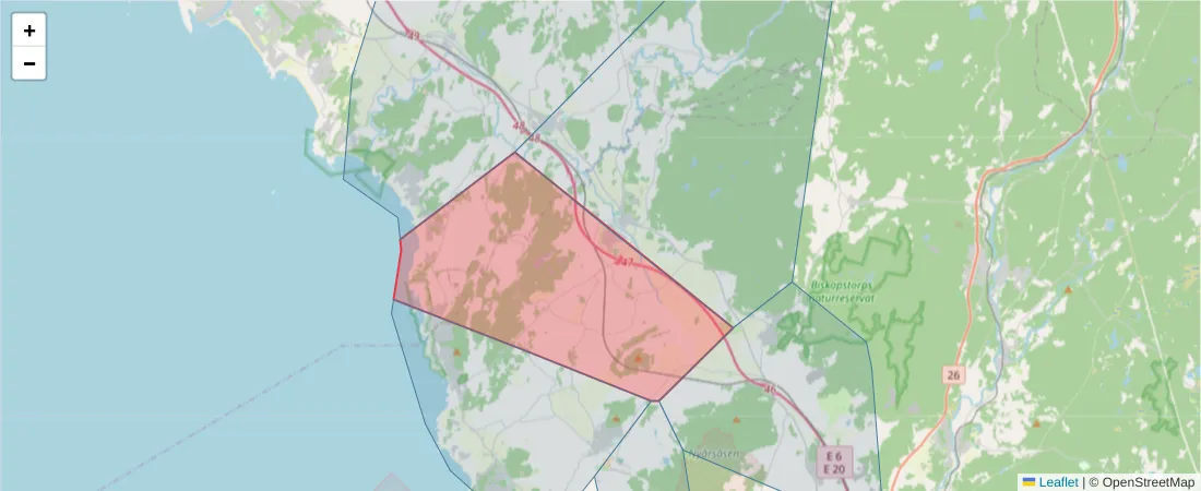 Karta över postnummerområdet  och angränsande postnummer i Sverige