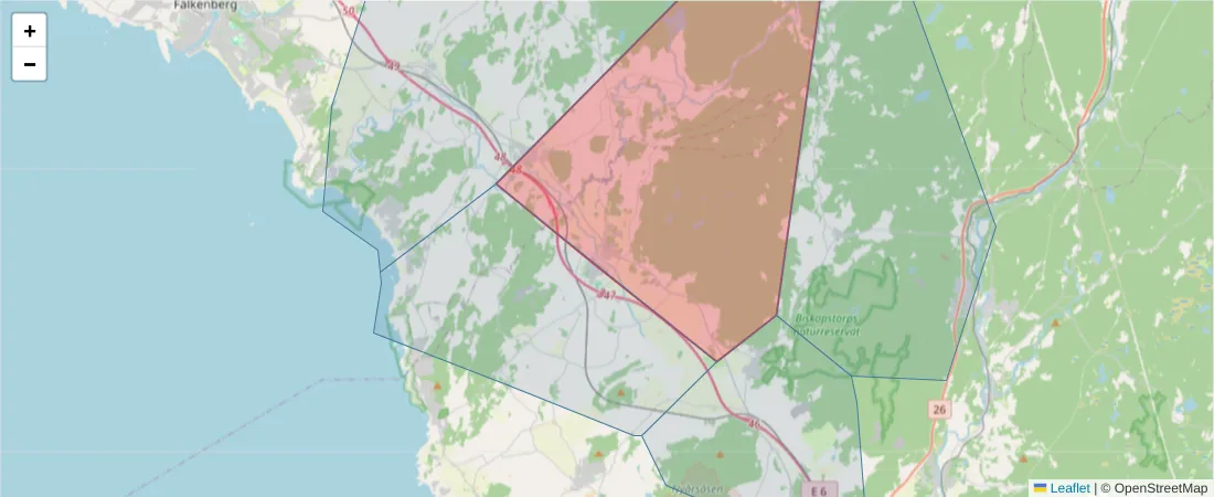 Karta över postnummerområdet  och angränsande postnummer i Sverige