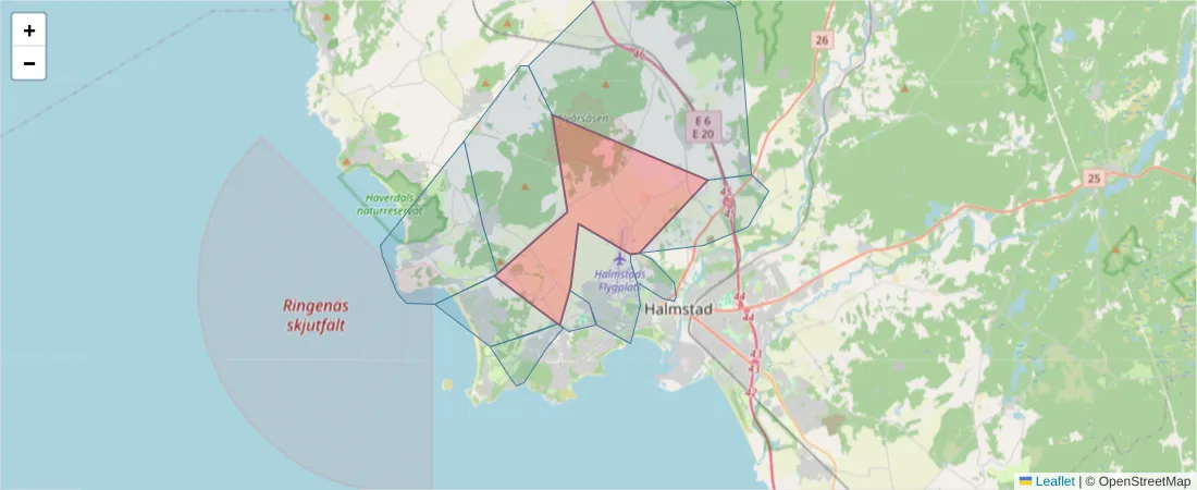 Karta över postnummerområdet  och angränsande postnummer i Sverige