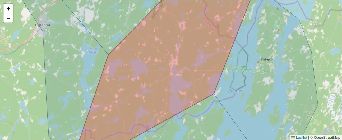 Karta över postnummerområdet  och angränsande postnummer i Sverige