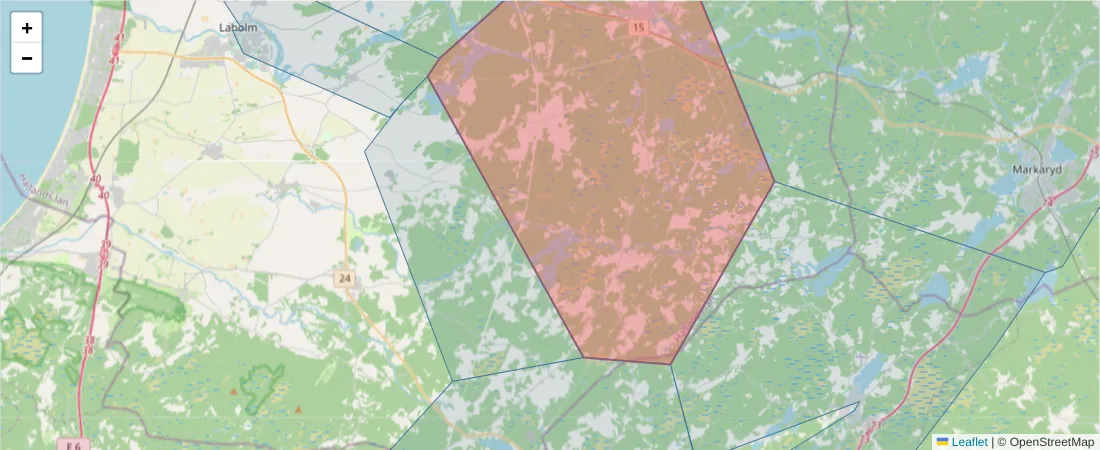 Karta över postnummerområdet  och angränsande postnummer i Sverige