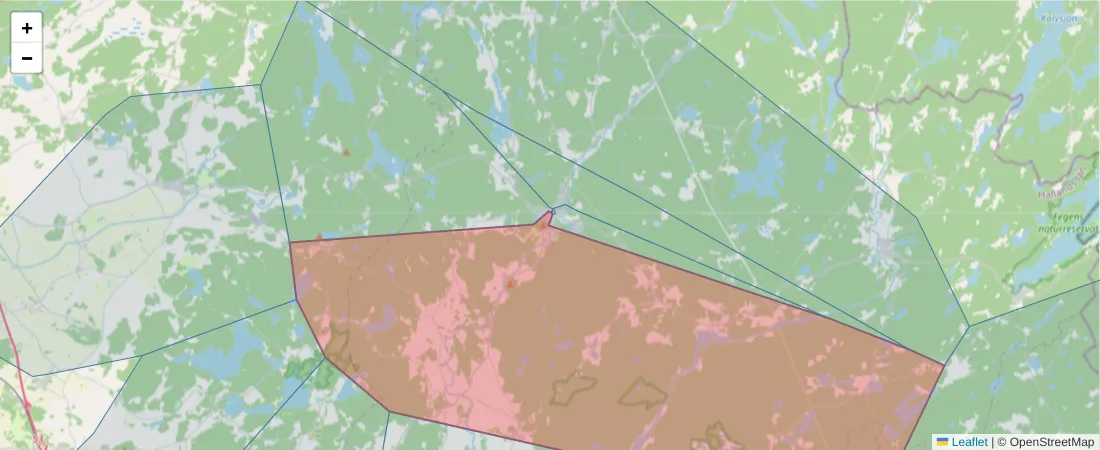 Karta över postnummerområdet  och angränsande postnummer i Sverige