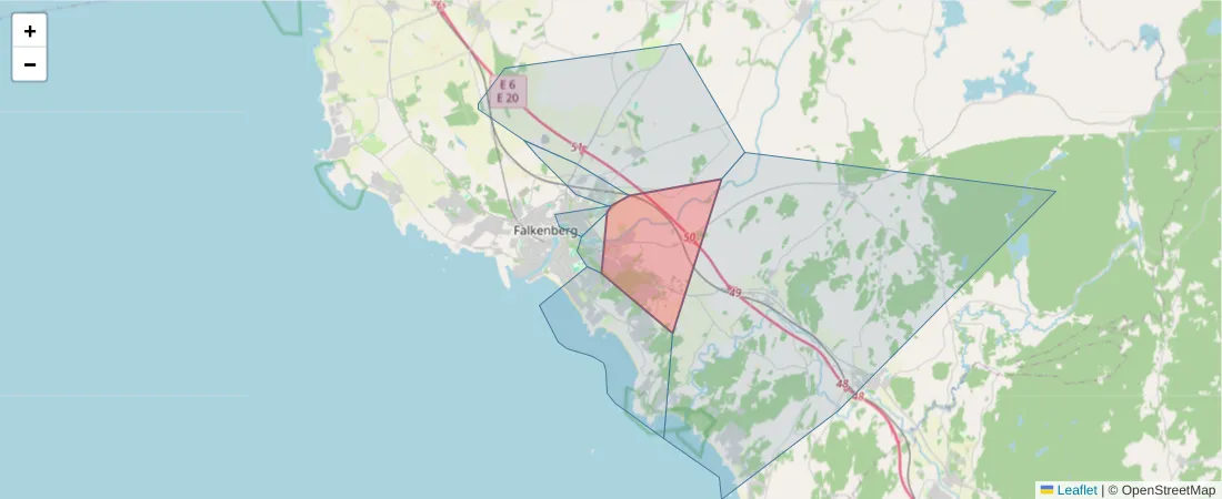 Karta över postnummerområdet  och angränsande postnummer i Sverige
