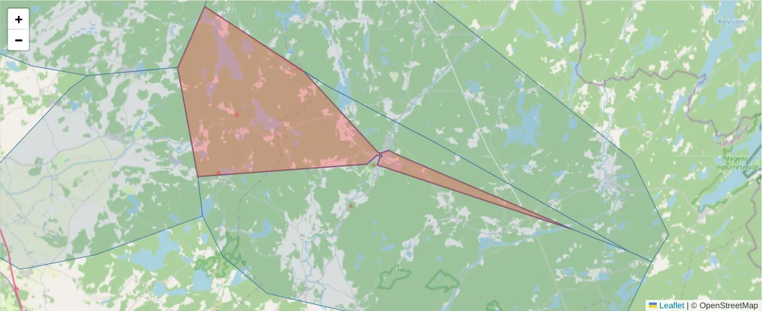 Karta över postnummerområdet  och angränsande postnummer i Sverige