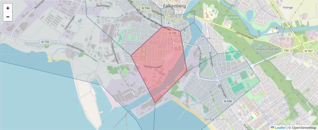 Karta över postnummerområdet  och angränsande postnummer i Sverige