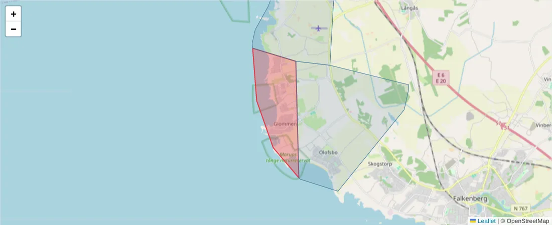 Karta över postnummerområdet  och angränsande postnummer i Sverige