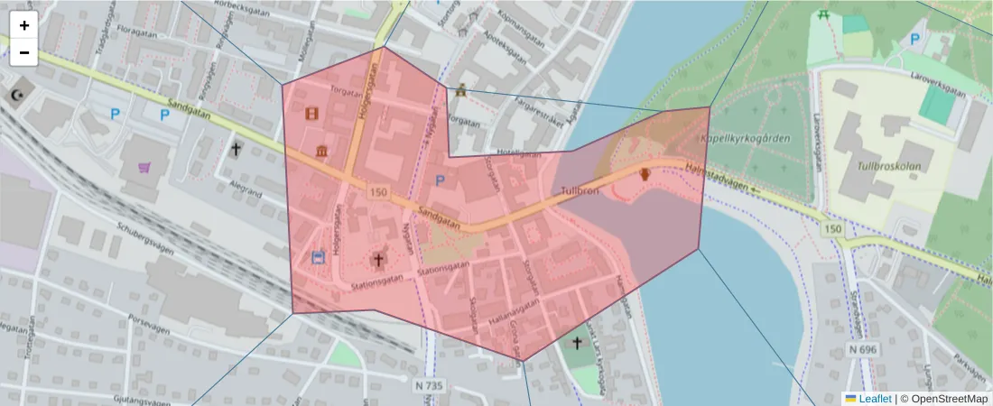 Karta över postnummerområdet  och angränsande postnummer i Sverige