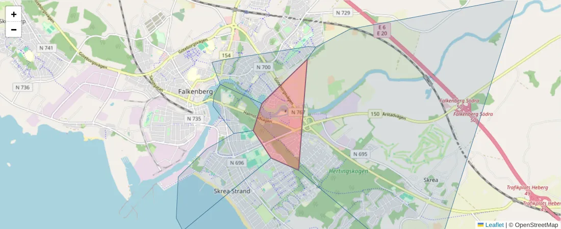 Karta över postnummerområdet  och angränsande postnummer i Sverige