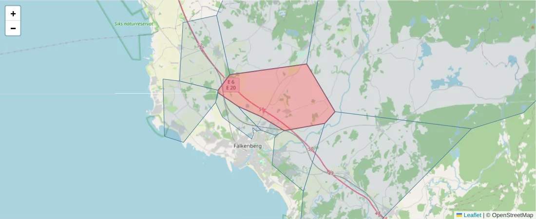 Karta över postnummerområdet  och angränsande postnummer i Sverige