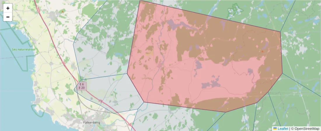 Karta över postnummerområdet  och angränsande postnummer i Sverige