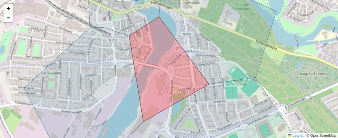 Karta över postnummerområdet  och angränsande postnummer i Sverige