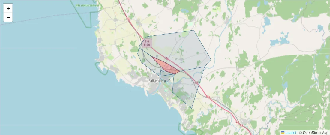 Karta över postnummerområdet  och angränsande postnummer i Sverige