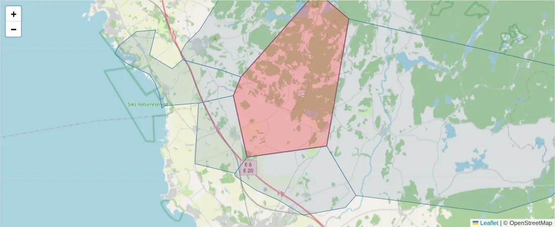 Karta över postnummerområdet  och angränsande postnummer i Sverige