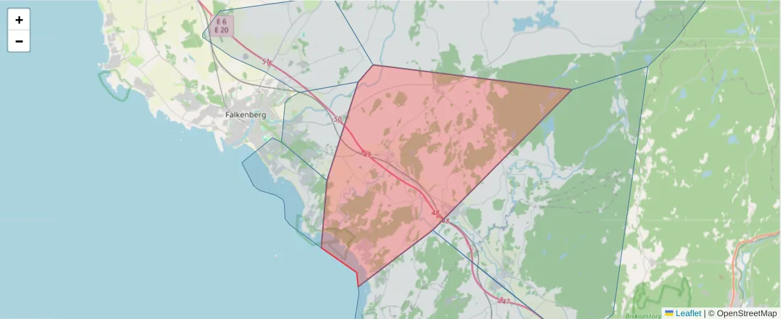Karta över postnummerområdet  och angränsande postnummer i Sverige