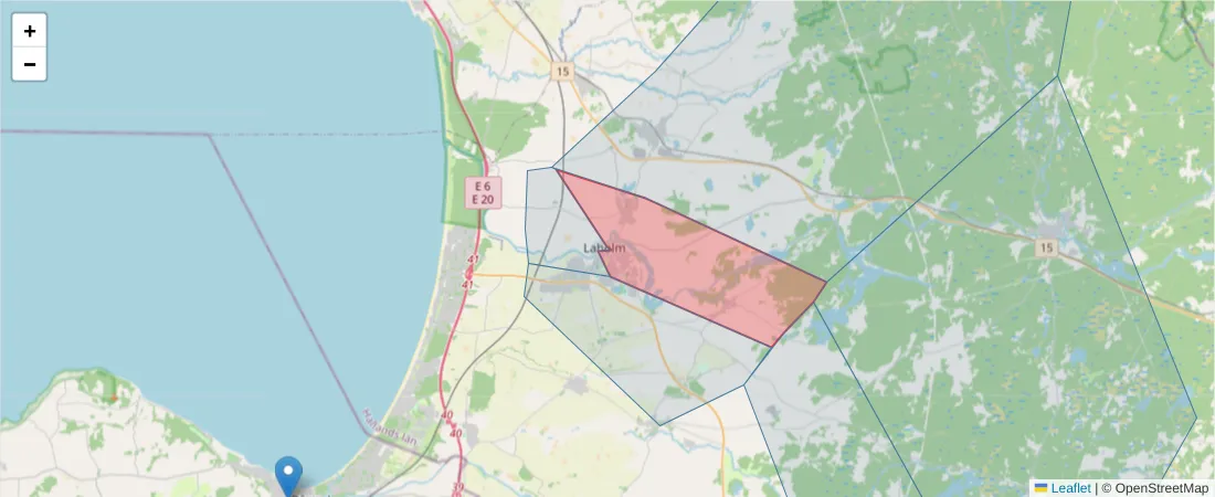 Karta över postnummerområdet  och angränsande postnummer i Sverige