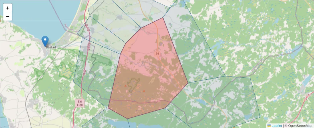 Karta över postnummerområdet  och angränsande postnummer i Sverige