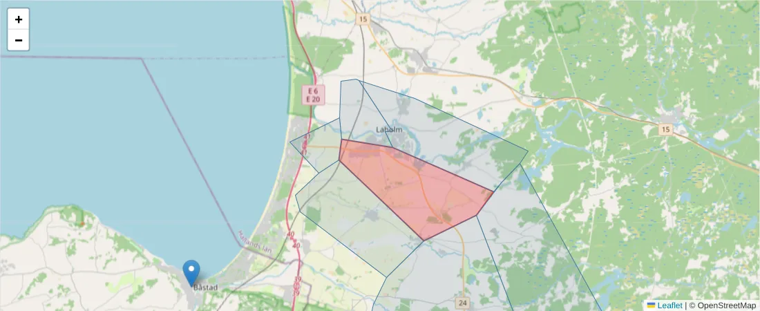 Karta över postnummerområdet  och angränsande postnummer i Sverige