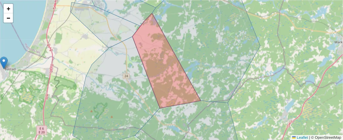 Karta över postnummerområdet  och angränsande postnummer i Sverige