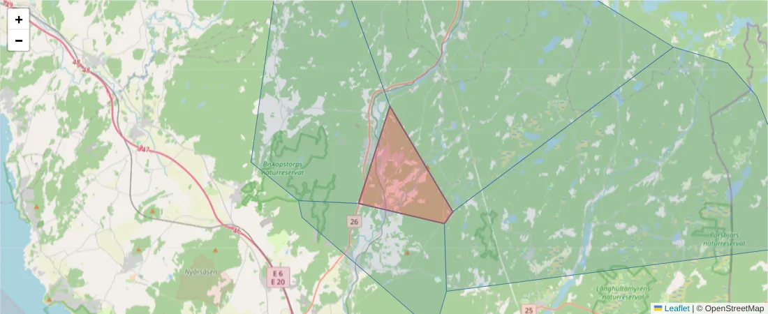 Karta över postnummerområdet  och angränsande postnummer i Sverige