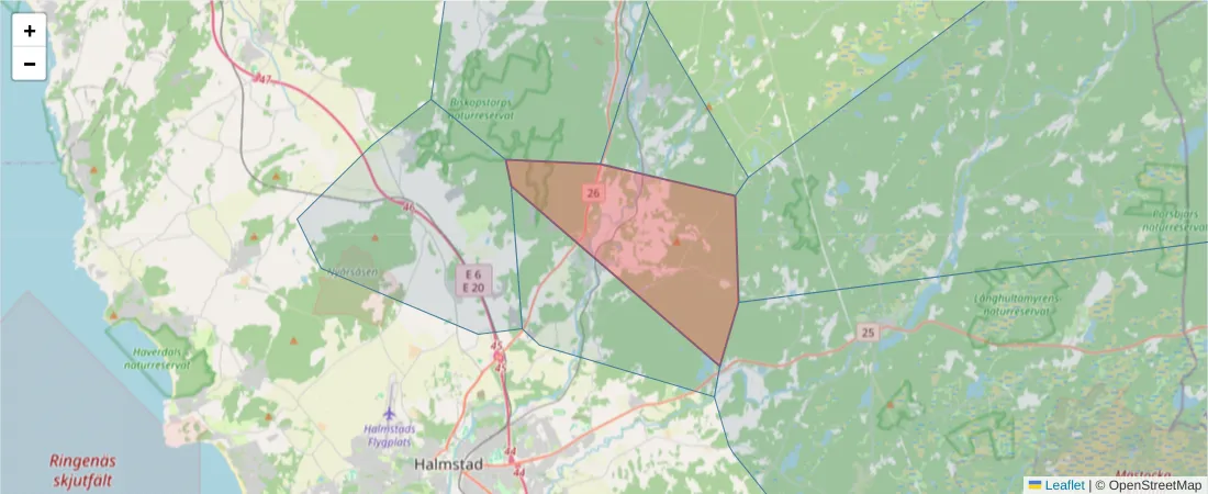Karta över postnummerområdet  och angränsande postnummer i Sverige