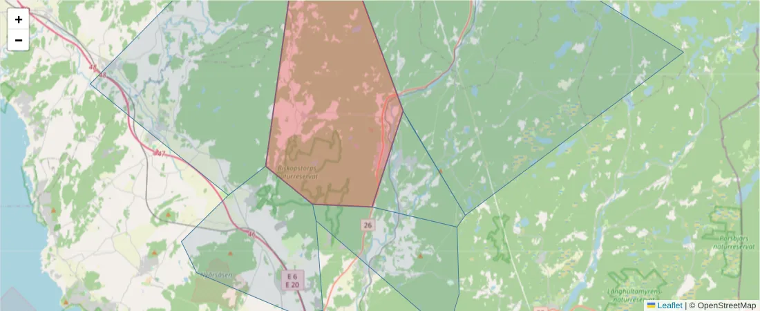 Karta över postnummerområdet  och angränsande postnummer i Sverige