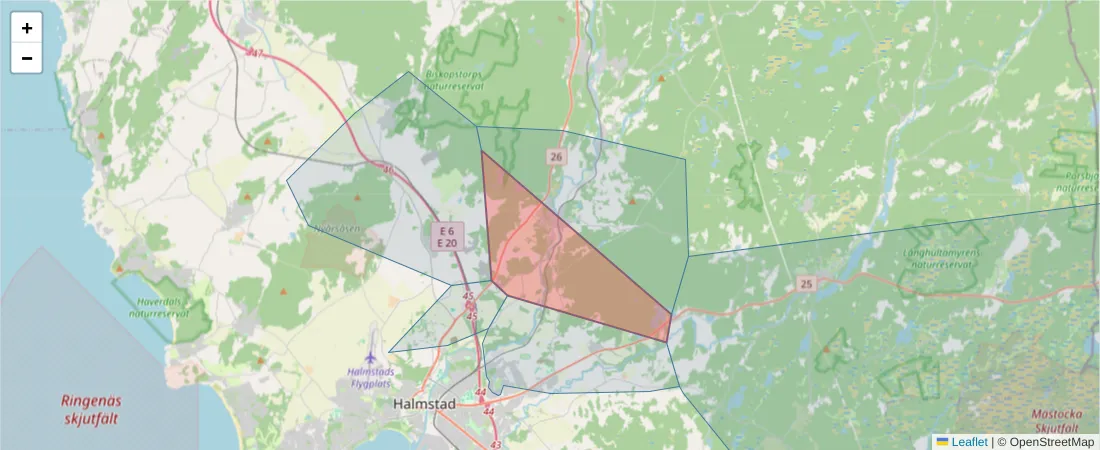Karta över postnummerområdet  och angränsande postnummer i Sverige