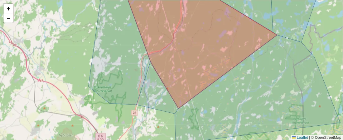 Karta över postnummerområdet  och angränsande postnummer i Sverige