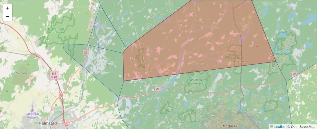 Karta över postnummerområdet  och angränsande postnummer i Sverige