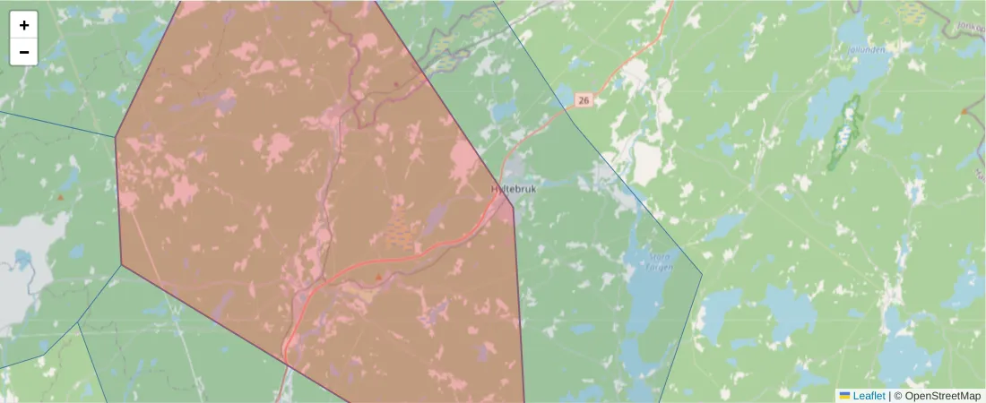 Karta över postnummerområdet  och angränsande postnummer i Sverige