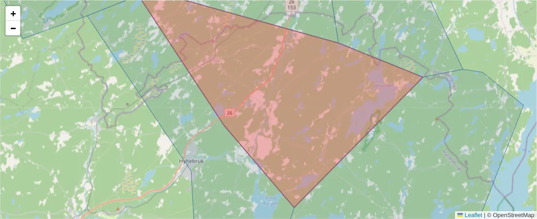 Karta över postnummerområdet  och angränsande postnummer i Sverige