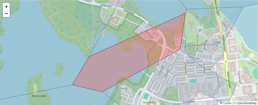 Karta över postnummerområdet  och angränsande postnummer i Sverige
